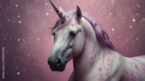 A unicorn with flowing pink and white hair stands gracefully against a soft, pastel background.