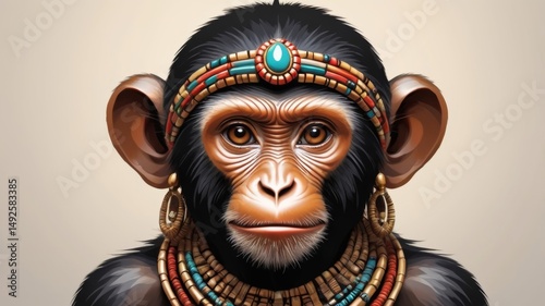 A monkey adorned with a colorful headdress and sparkling jewelry, showcasing a vibrant and playful appearance.