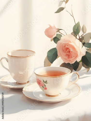 Two vintage tea cups with pink roses in sunlit cozy setting