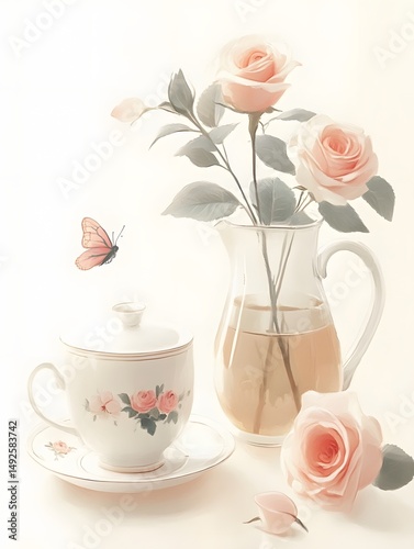 Vintage tea set and roses in vase with butterfly in soft light