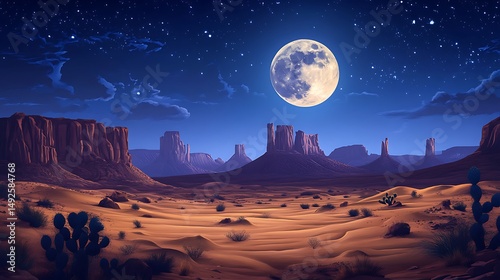 Desert landscape under a glowing full moon night