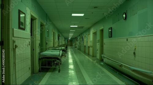 Hospital Backrooms creepy three dimensional design. Liminal space  abstract interior. Alone in abandoned building 3d render illustration, nightmare or a bad dream. Game concept