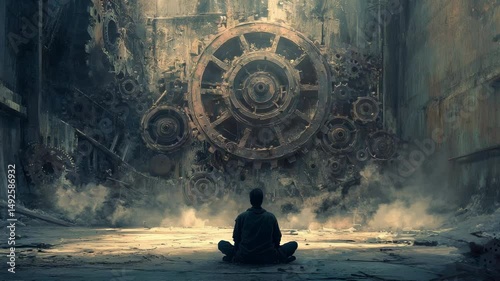 Person sits on ground facing giant rusty gears in dark industrial space filled with smoke and broken walls