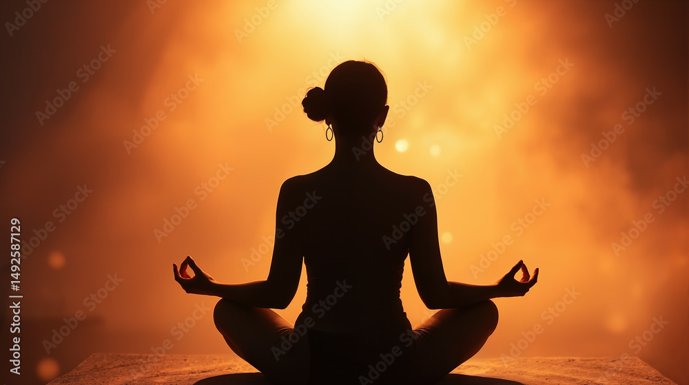 Silhouette of Woman in Meditation Pose Against Warm Background - Mindfulness, Spirituality, and Yoga Concepts Silhouette of Woman in Meditation Pose Against Warm Background - Mindfulness, Spirituality, and Yoga Concepts