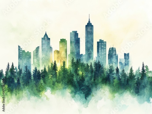 Watercolor City Skyline Emerging from Lush Forest