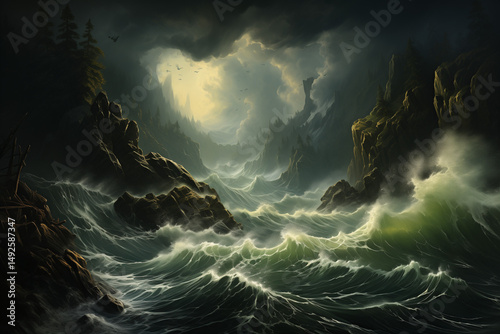 Stormy ocean waves crashing against rocks, moody and dramatic.