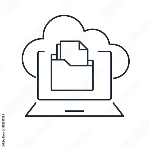 Computer laptop and dashboard for Data document Management System on cloud online documentation database and digital file storage system software. Vector linear illustration icon isolated on white bac