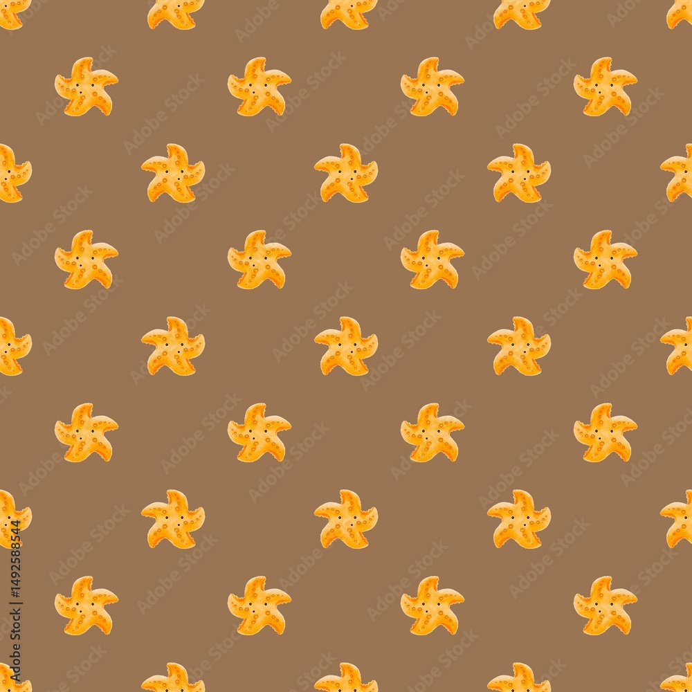 Obraz premium Seamless pattern with cute watercolour dancing starfish on a brown background