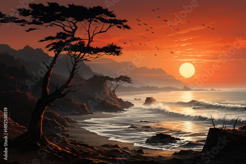 Sunrise over a misty beach, ethereal and peaceful atmosphere.
