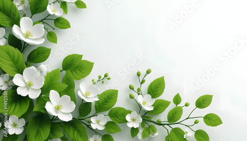 Green leaves and white cherry blossoms on a spring day showcase nature's beauty