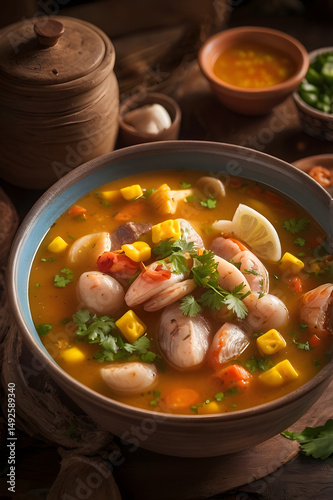 Chupe, a rich and hearty Peruvian soup with tender meat, seafood, corn, and potatoes in a flavorful broth. Authentic Latin American comfort food.
