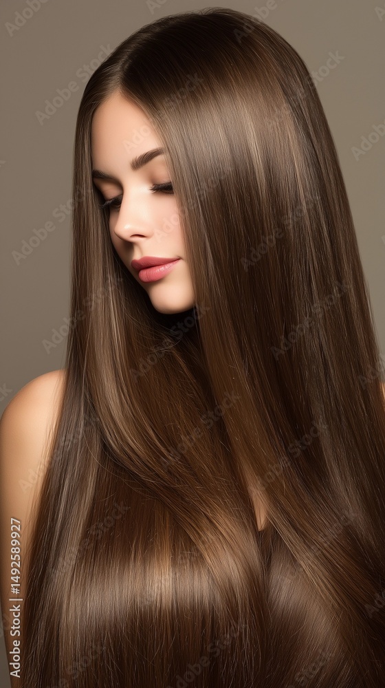 Naklejka premium Young woman with long straight shiny hair on a brown background