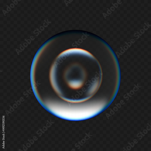 Realistic 3D glass sphere lens with transparent holographic dispersion effect isolated on dark background. Round reflection molecular ball in vector illustration. Medical collagen molecule drop.