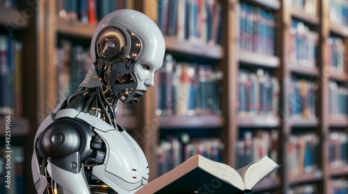 This image depicts a humanoid robot standing in a library, holding and reading an open book. The robot is designed with a sleek, futuristic appearance, featuring metallic components, wires, and joints