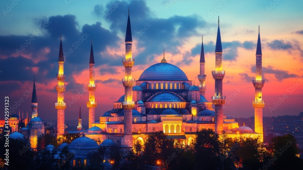 Naklejka premium Illuminated Mosque at Sunset
