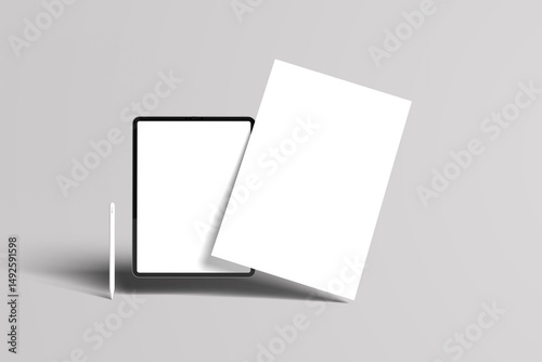 Tablet device and Flyer blank sheets of a4 paper size or documents mockup on a gray background. Template for design blank paper sheets	