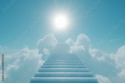 White steps ascend to a bright sunlit sky above fluffy clouds