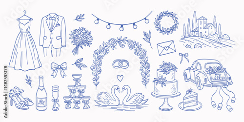 Wedding decorations and attire. The bride and groom are dressed in formal wear. The wedding cake is on a stand. The bride and groom are standing under a wreath. The bride is wearing a dress