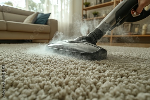 Steam cleaner on beige carpet, home interior visible