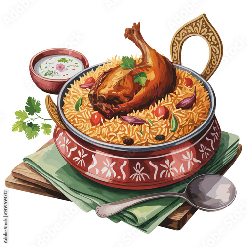 Top View of Chicken Biryani with Raita and Herbs