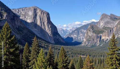 Panoramic View of Majestic Mountains and Lush Valley Surrounded by Vibrant Green Forests