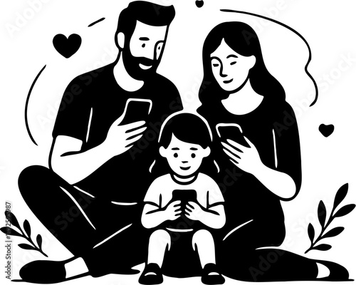 silhouette vector illustration of a family busy playing with their own cellphones