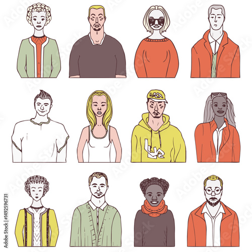 set of hand drawn doodle people. funny portraits. vector avatar