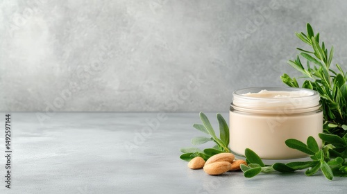 Beige cream jar with herbs and nuts