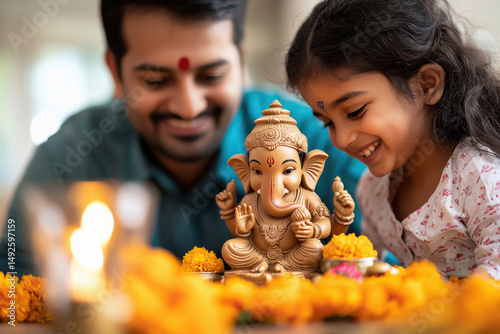 Indian family placing a clay idol of Lord Ganesha on a decorated altar at home, marigold garlands photo