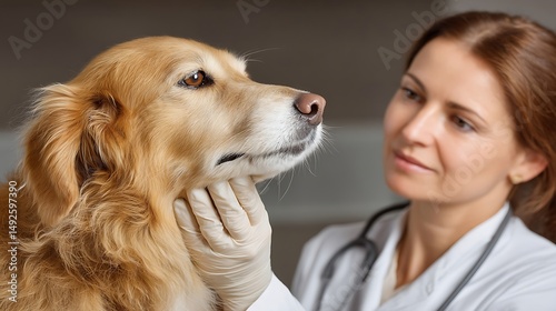 the image features a light coated dog with long fur being examined by a caregiver. the caregiver, dressed in a white coat and gloves, gently touches the dog's throat