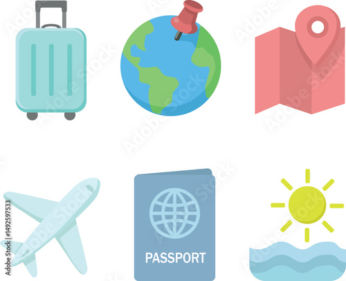 Travel and Vacation Icons Set – Suitcase, Globe, Map, Airplane, Passport, and Sun, vacation, rest