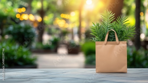 Beige shopping bag with plants outdoors