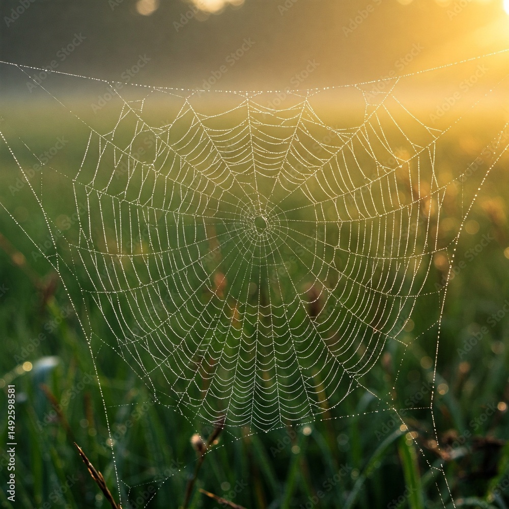 Morning Dew Spider Web Glowing in Sunlight Over Green Grass
