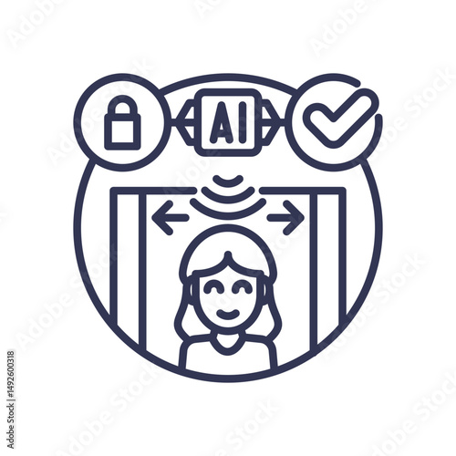 Illustration of biometric access with AI, lock, and checkmark symbols.