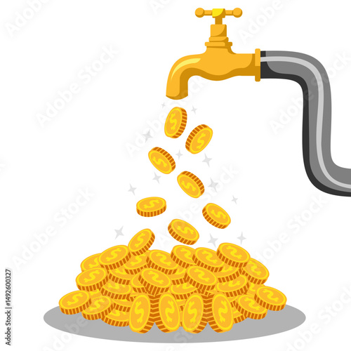 Illustration of money falling from a tap on a white background, a steady flow of investment generates financial gain. financial income concept.