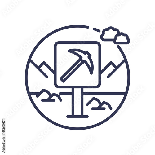 Mining symbol with mountains and clouds, representing exploration and resource claims.