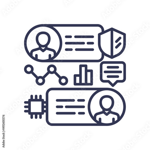 Icons of people, charts, and tech symbolize collaborative intelligence in a workspace.