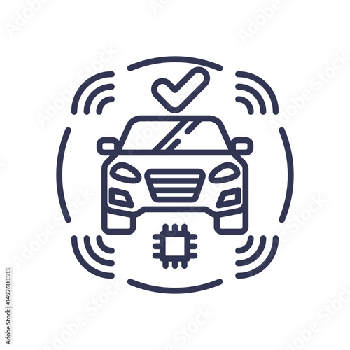 Illustration of autonomous vehicle with sensors and AI chip, symbolizing computer vision in self-driving technology.