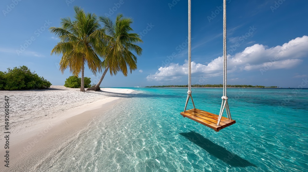 Fototapeta premium Swing is hanging over the ocean in a tropical setting. The sky is clear and blue, and the water is calm. The scene is peaceful and relaxing, perfect for a day of leisure and relaxation