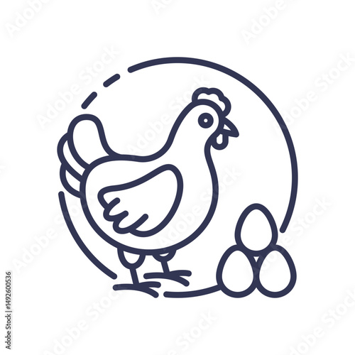Line art of a chicken and eggs symbolizing agriculture and productivity.
