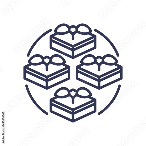 Four stacked boxes with bows symbolize efficient space utilization.