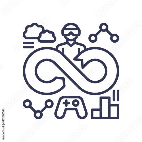 Infinity symbol with VR, gaming, and data icons, symbolizing limitless potential.