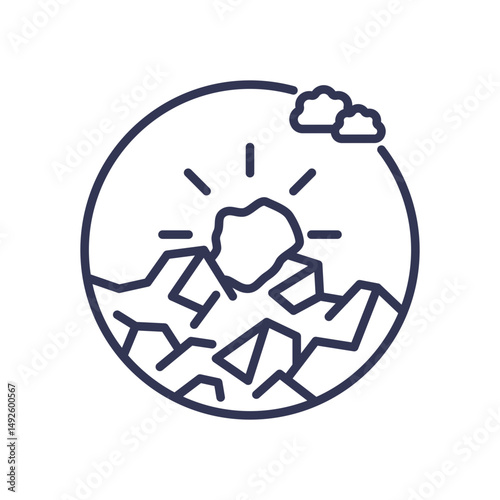 Illustration of a rock extraction process with mountains and clouds.