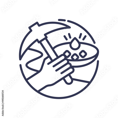 Hand holding a pickaxe and pan, symbolizing mining and resource extraction.