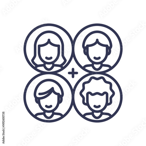 Four diverse faces in circles symbolize inclusivity and unity.