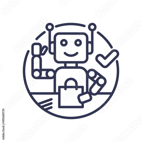 A friendly robot with a shopping bag symbolizes interactive service robots in retail.