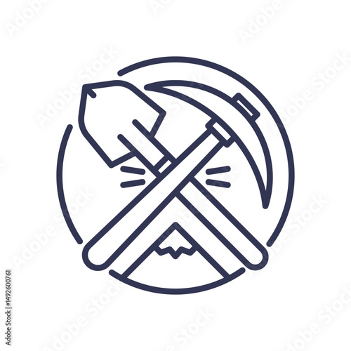 Crossed shovel and pickaxe symbolize labor and resource extraction.