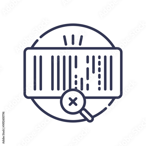 Barcode with magnifying glass highlights error, symbolizing irregularity detection.