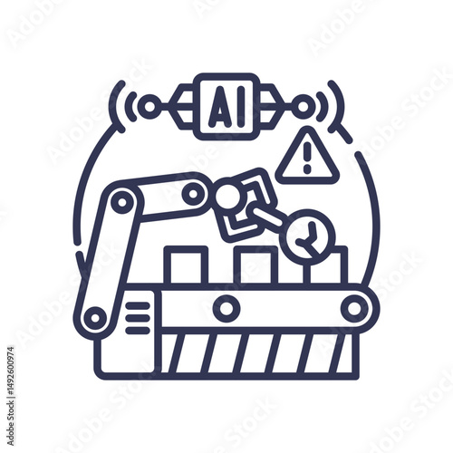 AI-driven robotic arm on conveyor for predictive maintenance and quality control.