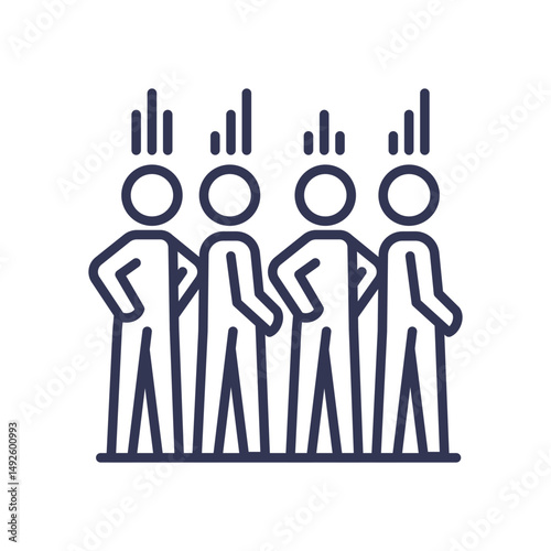 Illustration of people in line with bar graphs, symbolizing queue management and data analysis.
